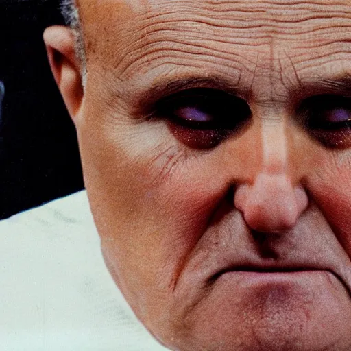 Image similar to closeup hyper detailed portait film color photograph of rudy giuliani looking very upset and frightened covered in white powder holding an envelope