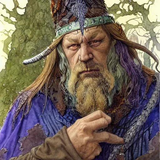 Image similar to a realistic and atmospheric watercolour fantasy character concept art portrait of paavo vayrynen as a druidic warrior wizard looking at the camera with an intelligent gaze by rebecca guay, michael kaluta, charles vess and jean moebius giraud