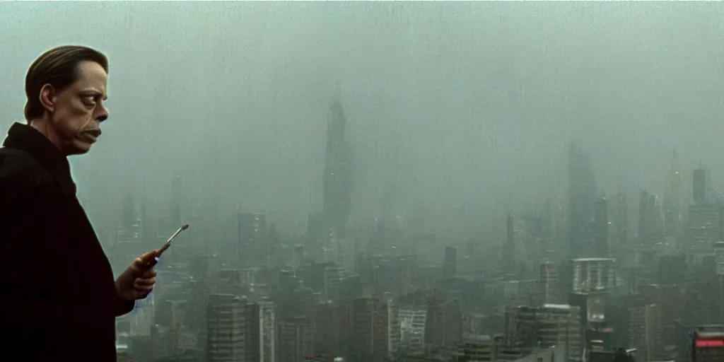 Image similar to beautiful cinematic film still of steve buscemi smoking a cigarette on a building top overlooking the rainy city in blade runner, 4 k