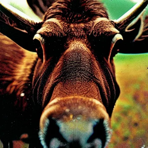 Image similar to close - up fisheye polaroid of a moose, kodachrome