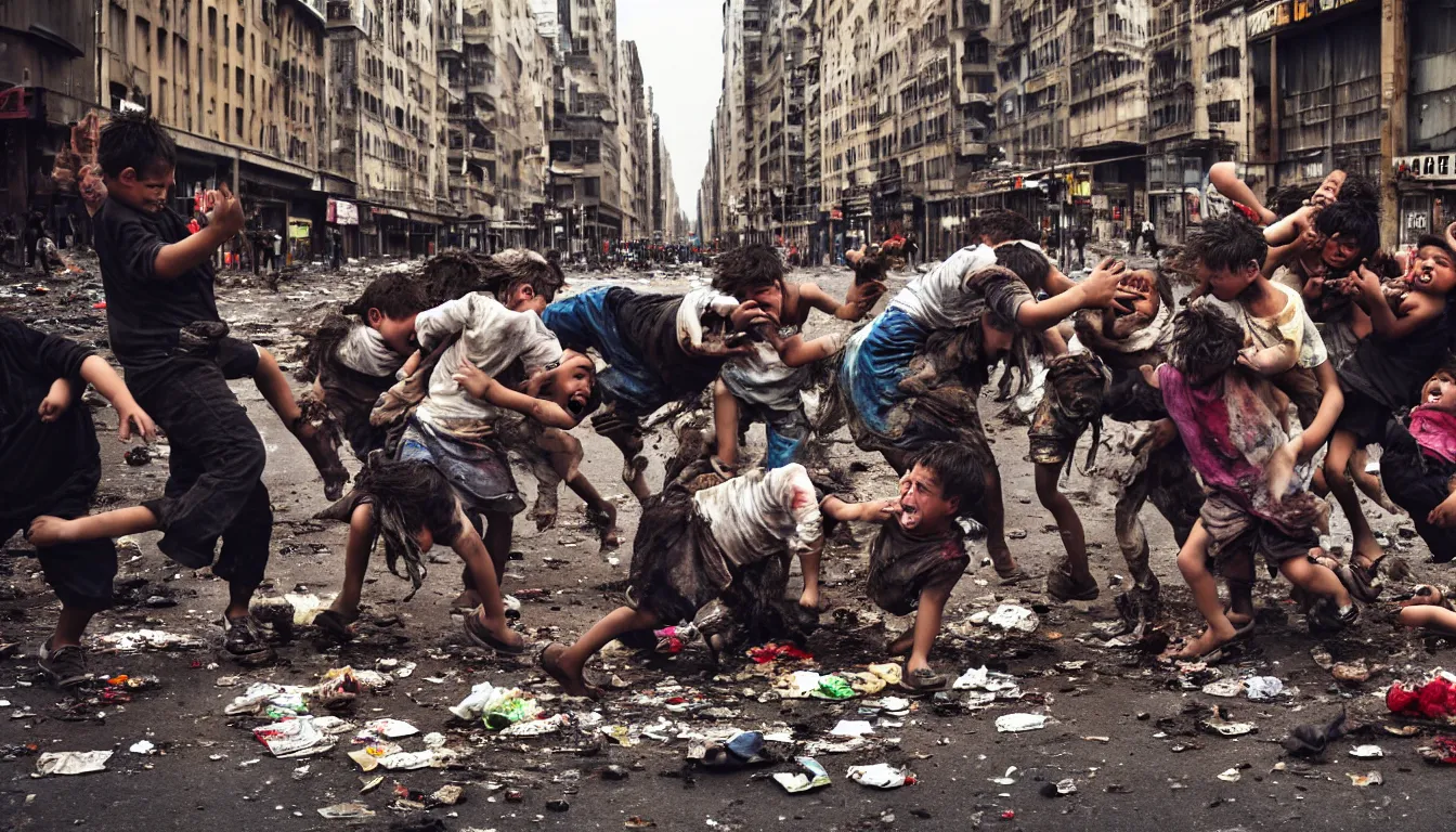 Prompt: in a dirty city street disheveled children in rags fight with laughing obese men in cheap suits, over piles half eaten rotting fast food, money thrown and floats in the air, hyper realistic photo, full colour, upscale, 8 k, masterpiece,