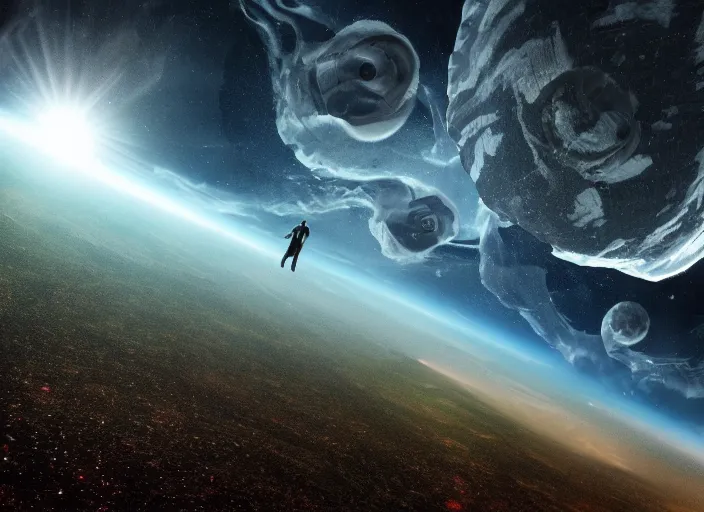 Prompt: 4D interdimensional beings enter earth's atmosphere, awe inspiring, wide angle, cinematographic photo