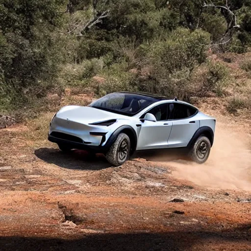 Prompt: rock crawling, off - road, lifted tesla model y, large tires, photo