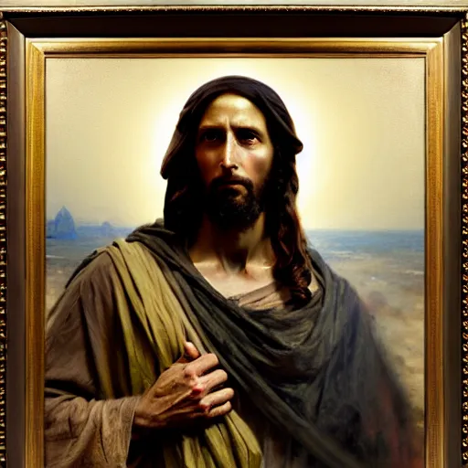 Image similar to photograph imax and solomon joseph solomon and richard schmid and jeremy lipking victorian loose genre loose painting full length portrait painting of jesus