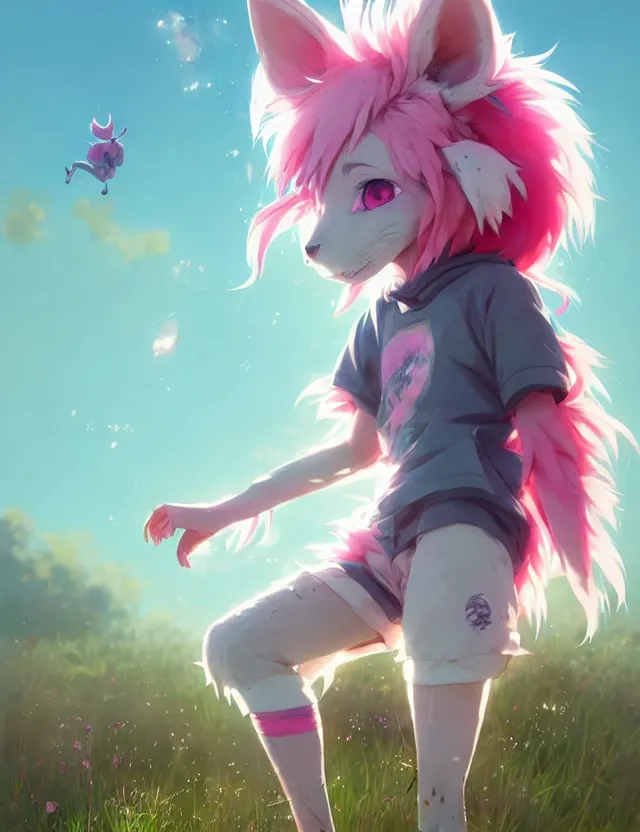 prompthunt: a beautiful portrait of a cute anime boy with pink hair and pink  wolf ears barefoot wearing sport clothing and leggings under shorts in  cyberpunk city. character design by cory loftis,