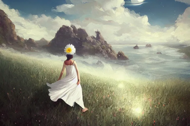 Image similar to giant white daisy flower on head, girl walking on cliff, surreal photography, solar eclipse, milky way, dramatic light, impressionist painting, clouds, digital painting, artstation, james gilleard, liam wong, jeremy mann, simon stalenhag