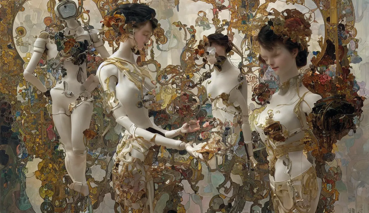 Image similar to Still of a humanoid robot creating art with painting, high detail, cinematic, art by tian zi and WLOP and alphonse mucha