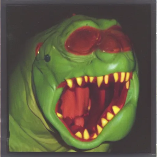 Prompt: polaroid of a screaming reptilian halloween mask