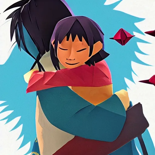 Image similar to kubo from kubo and the two strings, hugging his mother, surrounded by origami cranes