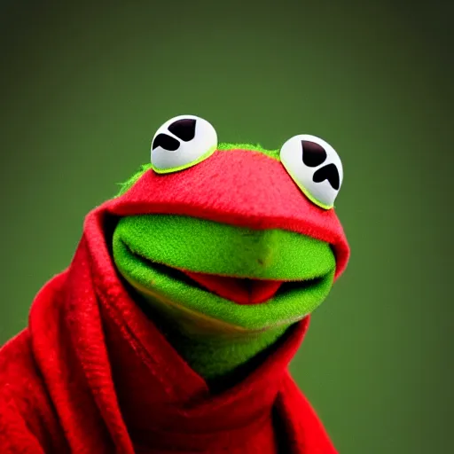 Prompt: portrait of kermit the frog, high fashion photography, looking strong, artistic, studio, coloured background, hippie, looking into the camera, cool, commercial, high quality, epic lighting, amazing, iconic