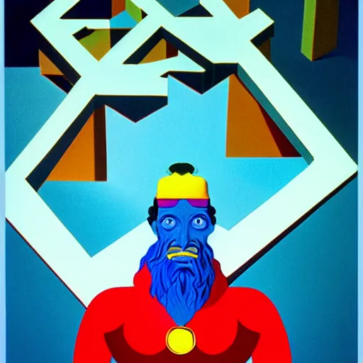 Image similar to ultra realistic portrait of captain planet in a studio, ultra detailed, under blue, red and yellow cinematic lighting, salvador dali, cartoon, monument valley, escher