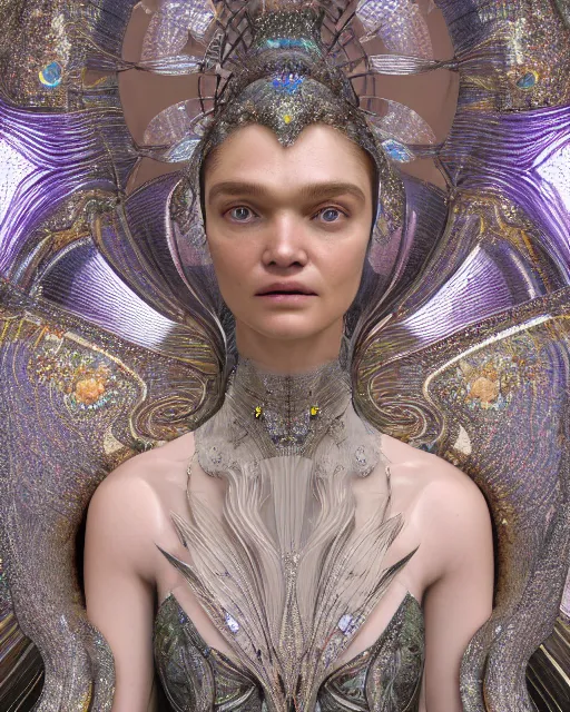 Image similar to a highly detailed metahuman 8 k close up render of natalia vodianova renaissance in iris van herpen dress schiaparelli in diamonds crystals swarovski and jewelry iridescent in style of alphonse mucha gustav klimt trending on artstation made in unreal engine 4