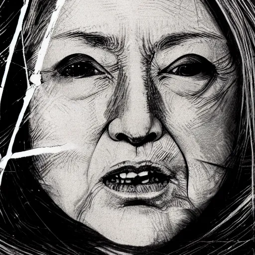 Image similar to Yoshitaka Amano realistic illustration of hillary clinton ,hair fluttering in the wind, cracks on her face wearing Elden ring armour with engraving, abstract black and white patterns on the background, noisy film grain effect, highly detailed, Renaissance oil painting, weird portrait angle, blurred lost edges, three quarter view