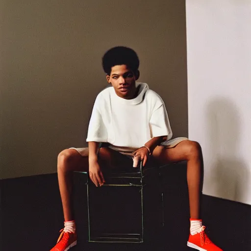 Image similar to realistic photoshooting for a new balenciaga lookbook, color film photography, portrait of a beautiful woman, set design by wes anderson, in style of Tyler Mitchell, 35mm,