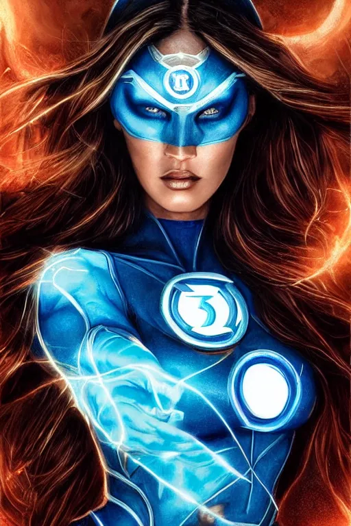 Image similar to majestic and regal portrait of megan fox female blue lantern, dc universe, perfect face, beautiful, intricate, epic, elegant, fantasy, highly detailed, digital painting, hard focus, beautiful volumetric lighting, epic light, ultra detailed, by leesha hannigan, ross tran, thierry doizon, kai carpenter, ignacio fernandez rios