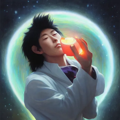 Image similar to A man drinking a cup of cosmic energy bright light by Masafumi Harada, 4k, digital art, surreal, anime style, space dandy style, highly detailed, godsend, artstation, digital painting, concept art, smooth, sharp focus, illustration by Ruan Jia and Mandy Jurgens and William-Adolphe Bouguereau, Artgerm