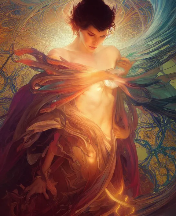 Image similar to a whirlwind of souls ushing inside the metaverse, half body, glowin eyes, d d, fantasy, intricate, elegant, highly detailed, colorful, vivid color, digital painting, artstation, concept art, art by artgerm and greg rutkowski and alphonse mucha and ruan jia