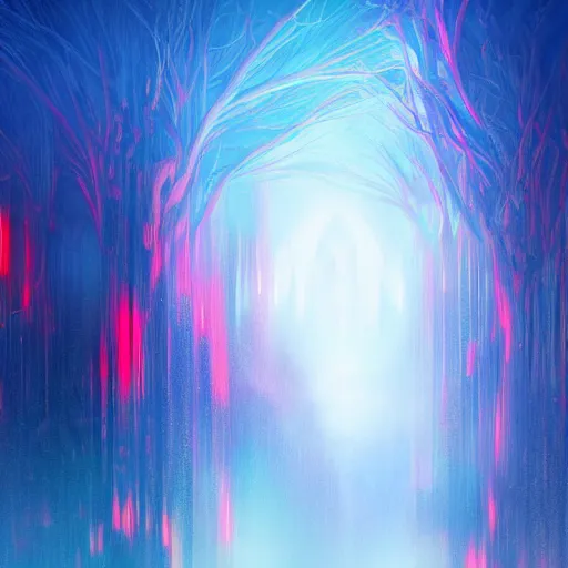 Image similar to portrait of an ethereal forest made of blue and red light, divine, cyberspace, mysterious, dark high-contrast concept art
