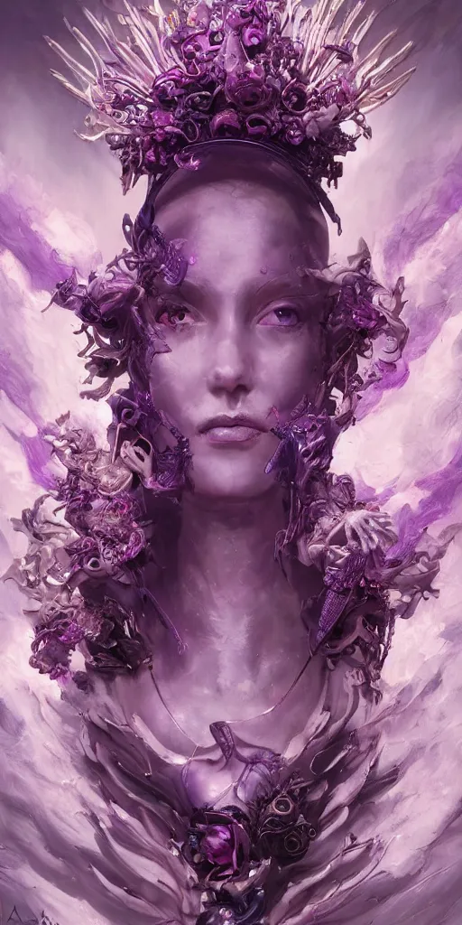 Image similar to female angel queen head wearing shiny pink crown, subtle purple accents, hyper details, black metal rococo, sculpted by Alex Alice, Craig Mullins, yoji shinkawa, trending on artstation, beautifully lit, Peter mohrbacher, hyper detailed, elite, elegant, luxury, ray of light through smoke, CGsociety, hypermaximalist, golden ratio, neofuture, volumetric, octane render, weta digital, micro details, 3d sculpture