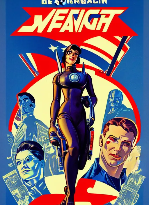 Image similar to american propaganda poster art. powerful cyberpunk pilot. portrait by jean giraud and anton otto fischer and john philip falter and will eisner and gil elvgren and pixar. full body. realistic proportions. science fiction d & d. overwatch, rb 6 s, cyberpunk 2 0 7 7, blade runner 2 0 4 9. cel shading. thick lines.