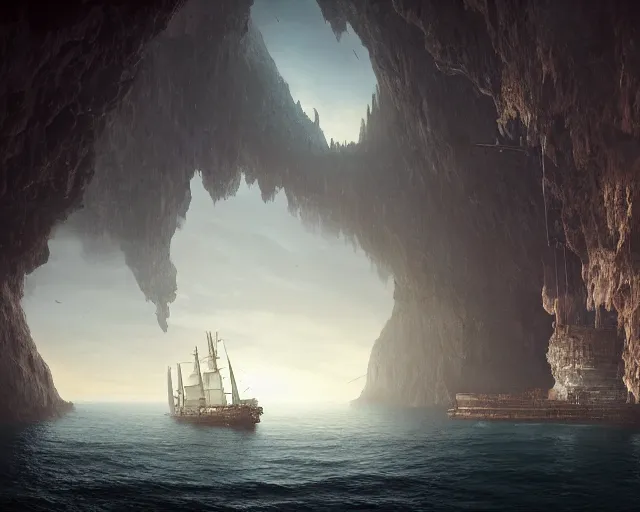 Image similar to A singular big galleon ship, three masts, front and center, in a cave. Underexposed, dark, centered. Atmospheric matte painting by Darek Zabrocki and Emmanuel Shiu, 4k ultra detailed