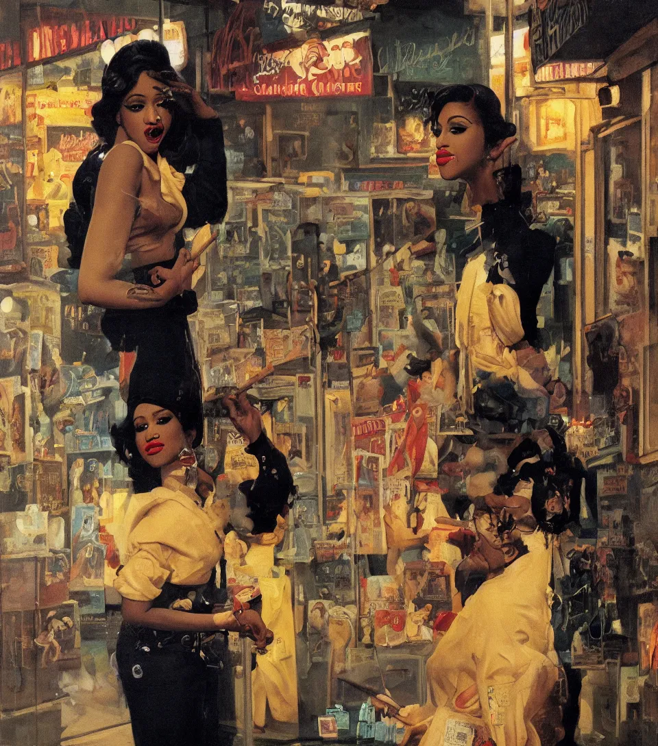 Prompt: standing portrait of ecstatic cardi b looking into the camera standing smoking a cigarette, warm street lights store front, 1 9 6 0 s technicolor, intricate, moody, personal, highly detailed, short focus depth, donato giancola, joseph christian leyendecker, frank frazetta, alex horley, ralph horsley, michael whelan, 2 0 0 mm focal length