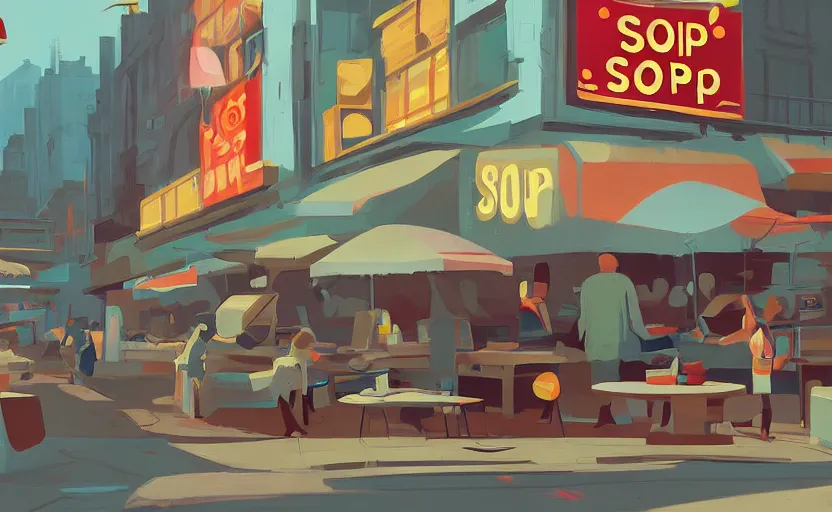 Prompt: soup shop in a busy market, aliens on the street, james gilleard, print, game art