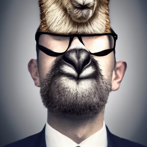 Image similar to a picture of half portrait of a man in suit with an alpaca's head, symmetrical facial features, dark background, octane.