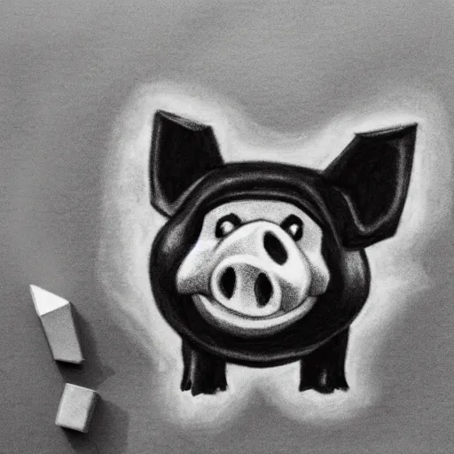 Prompt: minecraft pig horror evil, black and white charcoal sketch