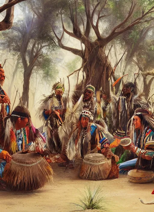 Prompt: a painting of indigenous people playing shamanic drums , matte painting, highly detailed, fantasy art