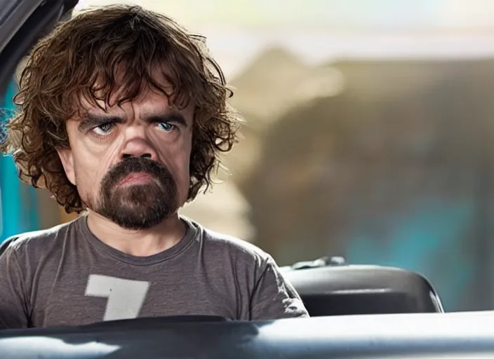 Image similar to peter dinklage driving a little tikes car, movie still, from the new fast and furious movie, 8 k, realistic