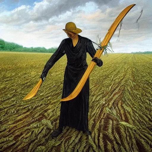 Image similar to death with a scythe takes its harvest in the field, ultrarealistic, photorealism, high quality, ultra detailed, 16k,