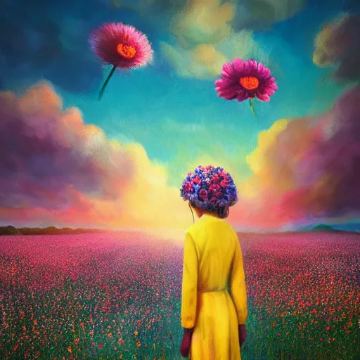 Image similar to girl with a mega flower as a face, surreal photography, dream, standing in flower field, hills, big trees, sunrise dramatic light, impressionist painting, colorful clouds, digital painting, pointillism, artstation, simon stalenhag, flower face