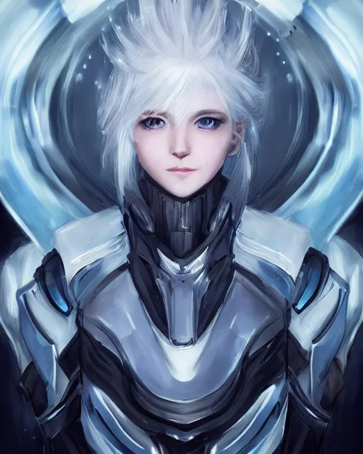 Image similar to perfect white haired girl, warframe armor, beautiful, dreamy, pretty face, blue cyborg eyes, portrait, detailed, bright light, scifi, elegant, utopian architecture in the background, laboratory, 4 k, ultra realistic, aura of light, cinematic, highly detailed, intricate, masterpiece, art by akihito tsukushi, akasuki brightmind