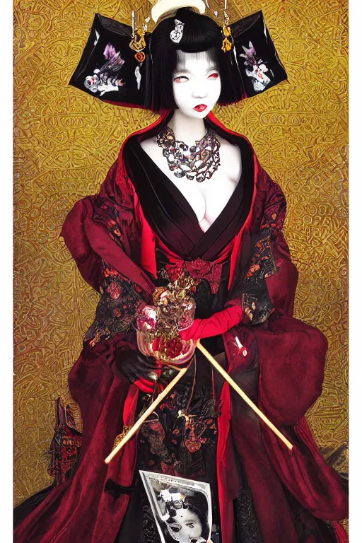 Image similar to a thoth tarot card of an avant - garde japanese bjd geisha vampire queen in victorian red dress in the style of dark - fantasy lolita fashion painted by yoshitaka amano, takato yamamoto, james jean, dmt art, symmetrical vogue face portrait, intricate detail, artstation, cgsociety, artgerm, gold skulls, rococo