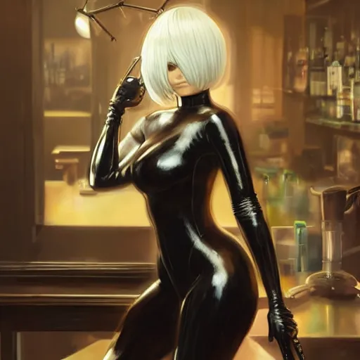 Prompt: highly detailed painting of 2 b from nier automata wearing a latex suit in a bar, stephen bliss, 8 k, by greg rutkowski, loish, rhads, artgerm, ferdinand knab, makoto shinkai and lois van baarle, ilya kuvshinov, rossdraws, global illumination, radiant light, detailed and intricate environment