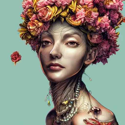 Image similar to the portrait of an absurdly beautiful, graceful, elegant mature woman made of bananas and petals looking up, an ultrafine detailed illustration by kim jung gi, irakli nadar, intricate linework, bright colors, octopath traveler, final fantasy, angular, unreal engine 5 highly rendered, global illumination, radiant light, detailed and intricate environment