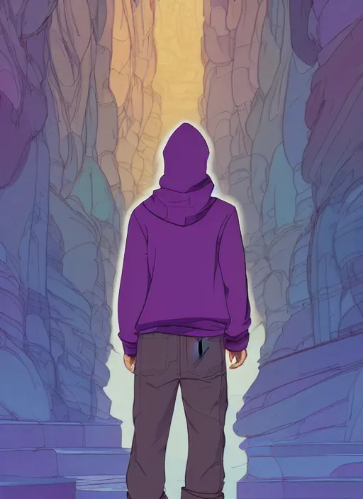 Prompt: young man in a purple hoodie, back view, messy short brown hair, colourful, natural lighting, path traced, highly detailed, high quality, cartoon, digital painting, by don bluth and ross tran and studio ghibli and alphonse mucha