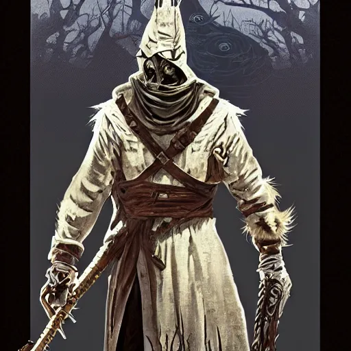 Image similar to an ultra detailed vector image of solaire of astora dressed as the hunter from bloodborne, concept art by alphonse mucha and greg rutkowski, scary shadows, blood moon eclipse, octane render, liminal space