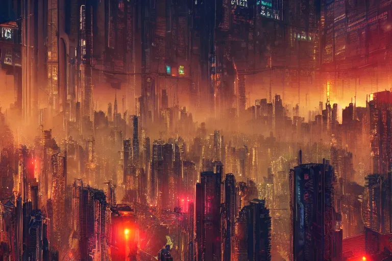 Image similar to dense and detailed dystopian cyberpunk city skyline, multicolored, 8k
