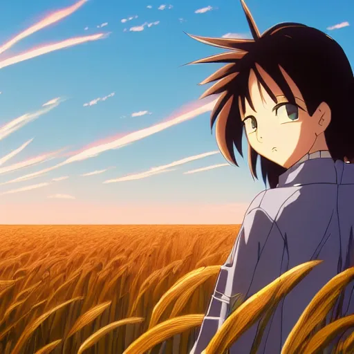 Image similar to anime, sharp focus, breath taking beautiful, Aesthetically pleasing, field of grain at golden hour, digital concept art by Hayao Miyazaki and Akira Toriyama and Makoto Shinkai and Studio Ghibli, fine art, official media, high definition, illustration, ambient lighting, HDR, HD, 8K, award winning, trending, featured, masterful, dynamic, energetic, lively, elegant, intricate, complex, highly detailed, Richly textured, Rich vivid Color, masterpiece.