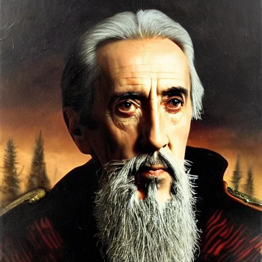 Image similar to a middle aged, martial, stark 19th century eastern european hunter with a large gray goatee looks similar to Jonathan Hyde and young Christopher Lee and young Christopher Lee. The background is a eastern european forrest. cinematic lighting, highly detailed, realistic, antique painting