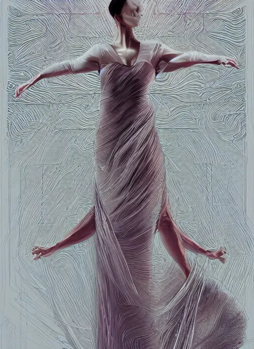 Image similar to portrait of a ballerina in a long flowing gown. beautiful symetrical face, intricate abstract. intricate artwork. by tooth wu, wlop, beeple, dan mumford. trending on artstation, greg rutkowski very coherent symmetrical artwork. cinematic, hyper realism, high detail, iridescent accents