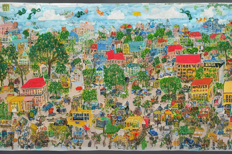 Image similar to an elaborate and dense painting of a peaceful neighborhood, detailed, made of alcohol ink on parchment and penned illustrations, by richard scarry