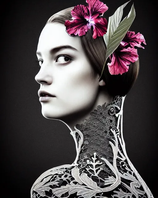 Image similar to monochrome profile portrait painting, dutch masters, silver lace floral steampunk biomechanical beautiful young female cyborg with one techno eye, monocular, volumetric light, leaves foliage and stems, hibiscus flowers, alexander mcqueen, rim light, big gothic fashion pearl embroidered collar, 8 k