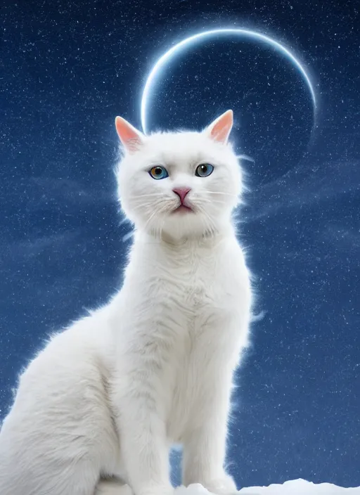 Image similar to giant little white cat on a snowy mountain with lightning coming out of its paws, blue sky background with moon