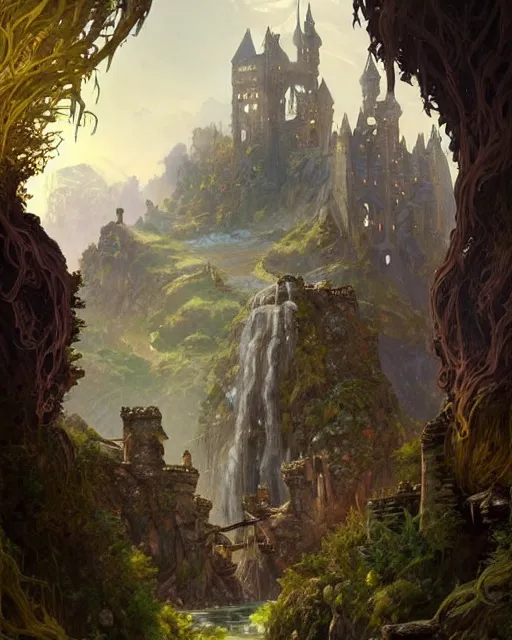 Image similar to A gorgeous fantasy landscape with a decaying castle in the background D&D, fantasy, intricate, elegant, highly detailed, digital painting, artstation, concept art, matte, sharp focus, illustration, hearthstone, art by Artgerm and Greg Rutkowski and Alphonse Mucha