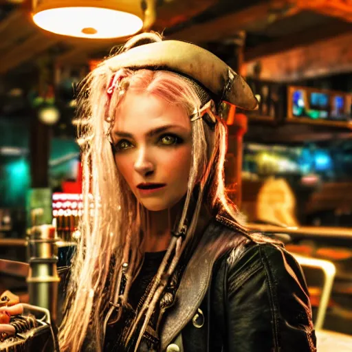 Image similar to a high quality portrait of a beautiful female pirate in a cyberpunk cafe realism 8k