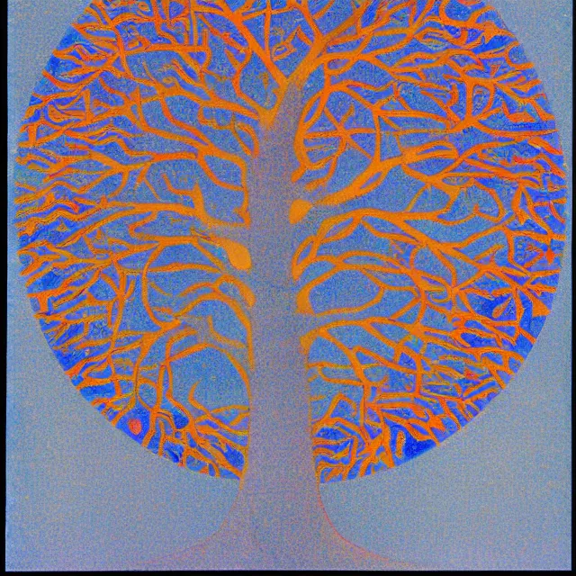 Image similar to the tree of life in a minimalist collage of geometric shapes, tetrachromacy, primary colors, in the style of ikko tanaka, japanese graphic design, 1 9 8 0, by ernst haeckel