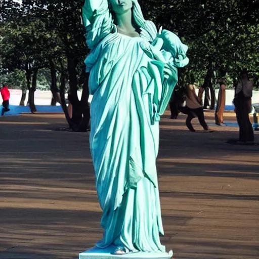 Prompt: a statue of beyoncé on liberty island, new york city in the background